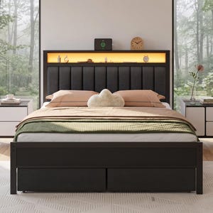 May include: A dark brown wooden bed frame featuring a vertical channel-tufted headboard with integrated warm LED lighting and a storage shelf. The bed includes two large under-bed storage drawers and is flanked by two matching white nightstands.