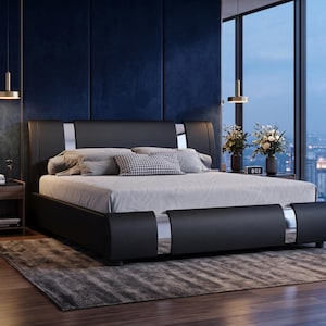 Modern Faux Leather Platform Bed Frame, Adjustable Headboard, Wood Slat Support, Queen/King Size