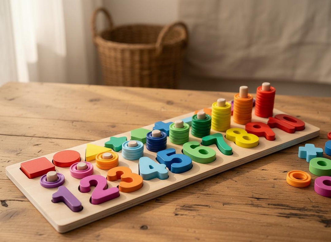 Wooden Montessori Number Puzzle, Counting Stackers, Math Learning Board ...