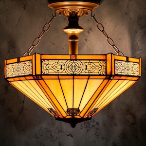 Tiffany Ceiling Light Yellow Stained Glass, Mission Style Hexagon Semi Flush Mount Lamp, 16x15 Inch Vintage Bedroom Living Room Fixture
