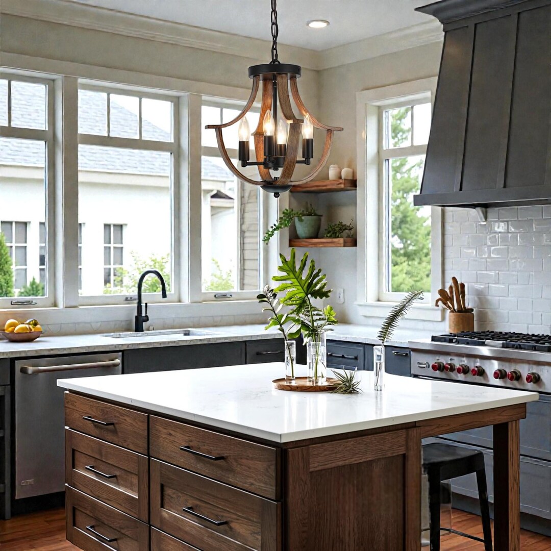 Farmhouse 4-light Rustic Ceiling Light, Faux Wood Vintage Chandelier ...