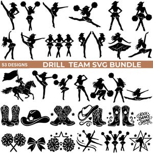 Peut inclure: Une collection de 53 silhouettes noires représentant des danseuses de drill team dans diverses poses, des chapeaux de cow-girl, des bottes, des pompons et des étoiles. L'image inclut le texte 53 DESIGNS DRILL TEAM SVG BUNDLE et KICK DANCE SHINE.
