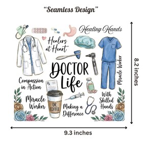 May include: A medical-themed design featuring illustrations of medical tools and attire, such as a stethoscope and scrubs. Text includes "Doctor Life" and "Healing Hands." The design is approximately 23.6 cm wide and 20.8 cm tall.