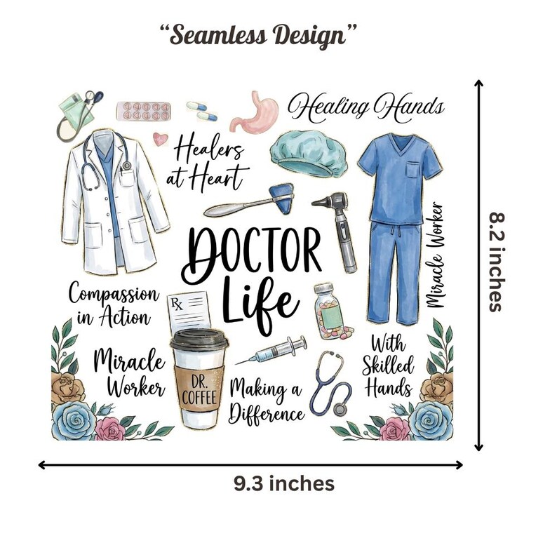May include: A medical-themed design featuring illustrations of medical tools and attire, such as a stethoscope and scrubs. Text includes "Doctor Life" and "Healing Hands." The design is approximately 23.6 cm wide and 20.8 cm tall.