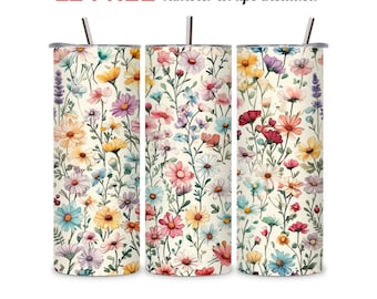 Wild Flower Tumbler Wrap png, 20 oz Skinny Floral Tumbler Seamless Straight Sublimation Boho Daisy Design Print Digital Download