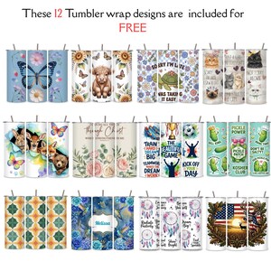 May include: A set of 12 tumbler wrap designs featuring various patterns. Designs include butterflies, sunflowers, a Highland cow, a turtle, cats, bunnies, bears, floral patterns, sports themes, pickle-themed designs, geometric patterns, blue floral designs, dream catchers, and an American flag.
