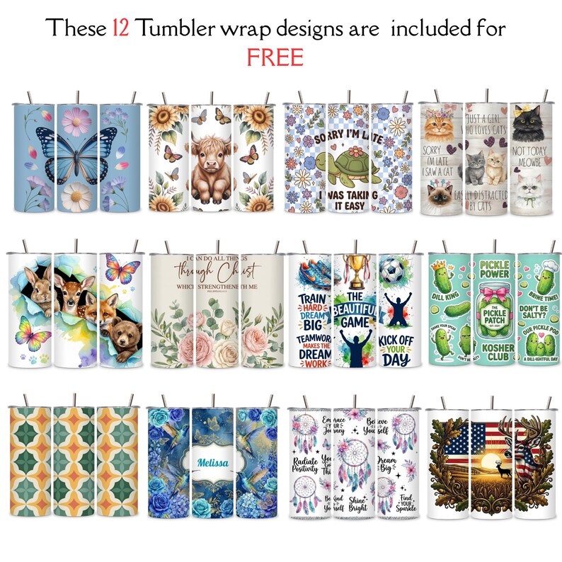 May include: A set of 12 tumbler wrap designs featuring various patterns. Designs include butterflies, sunflowers, a Highland cow, a turtle, cats, bunnies, bears, floral patterns, sports themes, pickle-themed designs, geometric patterns, blue floral designs, dream catchers, and an American flag.