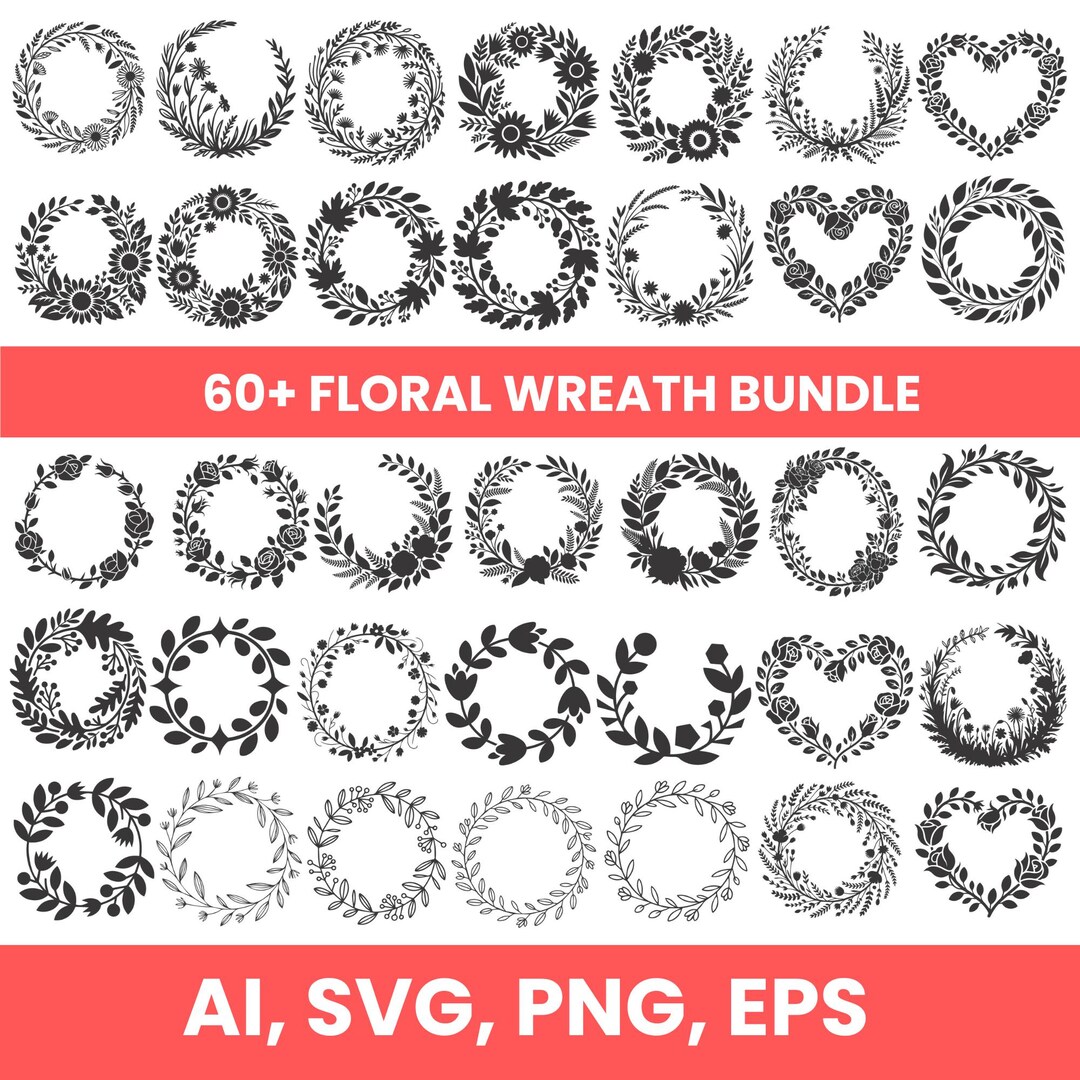 Floral Wreath SVG Bundle, Botanical Circle & Heart Frames Flowers ...