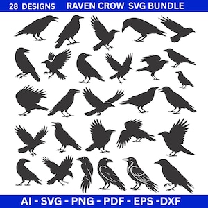 May include: A collection of 28 black raven and crow designs in various poses, including flying and perched. The image includes the text "28 DESIGNS RAVEN CROW SVG BUNDLE" and file type formats: AI, SVG, PNG, PDF, EPS, and DXF.