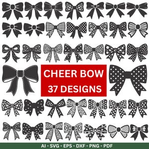 Pode incluir: Uma coleção de 37 designs de laços de torcida em vários estilos, incluindo bolinhas, padrões e cores sólidas. A imagem inclui o texto "CHEER BOW 37 DESIGNS" e informações sobre o tipo de arquivo: AI, SVG, EPS, DXF, PNG e PDF.