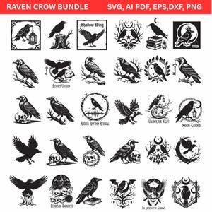 Puede incluir: Una colección de ilustraciones en blanco y negro de cuervos y grajos. Los diseños incluyen cuervos posados en ramas, calaveras y libros, con texto como "Shadow Wing" y "Echoes Unseen". La imagen también incluye el texto "Raven Crow Bundle".