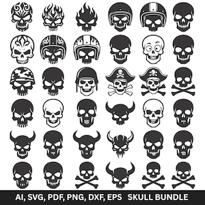 May include: A collection of black and white skull illustrations in various designs. Some skulls feature flames, helmets, horns, and pirate hats. The image includes the text "SKULL BUNDLE" and file type information.