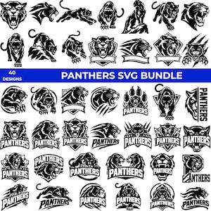 May include: A collection of 40 black and white graphic illustrations featuring panthers in various poses, including roaring, pouncing, and stalking. Many designs incorporate shields, claw marks, and the text PANTHERS SVG BUNDLE.