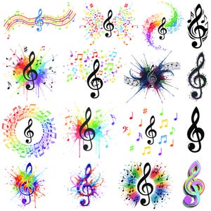 以下が含まれることがあります： カラフルな音楽のト音記号のデザインコレクション。各デザインは、黒いト音記号と、水彩絵の具の飛沫、さまざまな色の音符を特徴とし、活気に満ちた芸術的なテーマを作り出しています。