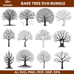 May include: A collection of bare tree designs in black and white. The image includes various tree silhouettes with detailed branches and trunks. Text at the top reads "BARE TREE SVG BUNDLE" and "20+ DESIGNS". The bottom text indicates file formats: AI, SVG, PNG, PDF, DXF, EPS.