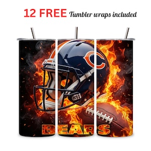 May include: Three stainless steel tumblers with a Chicago Bears football theme. Each tumbler features a navy blue helmet with an orange 'C' logo, a football, and the word 'BEARS' against a fiery background. The text '12 FREE Tumbler wraps included' is at the top.