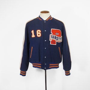 Chaqueta universitaria vintage de 1979 reversible, color azul y naranja, talla mediana