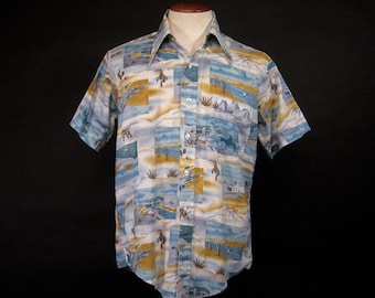 Vintage 70s Desert Print Shirt Allover Graphic Short Sleeve - Medium