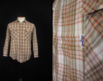 Vintage Levi's Fly Fishing Shirt 70s Green Orange Plaid - Small