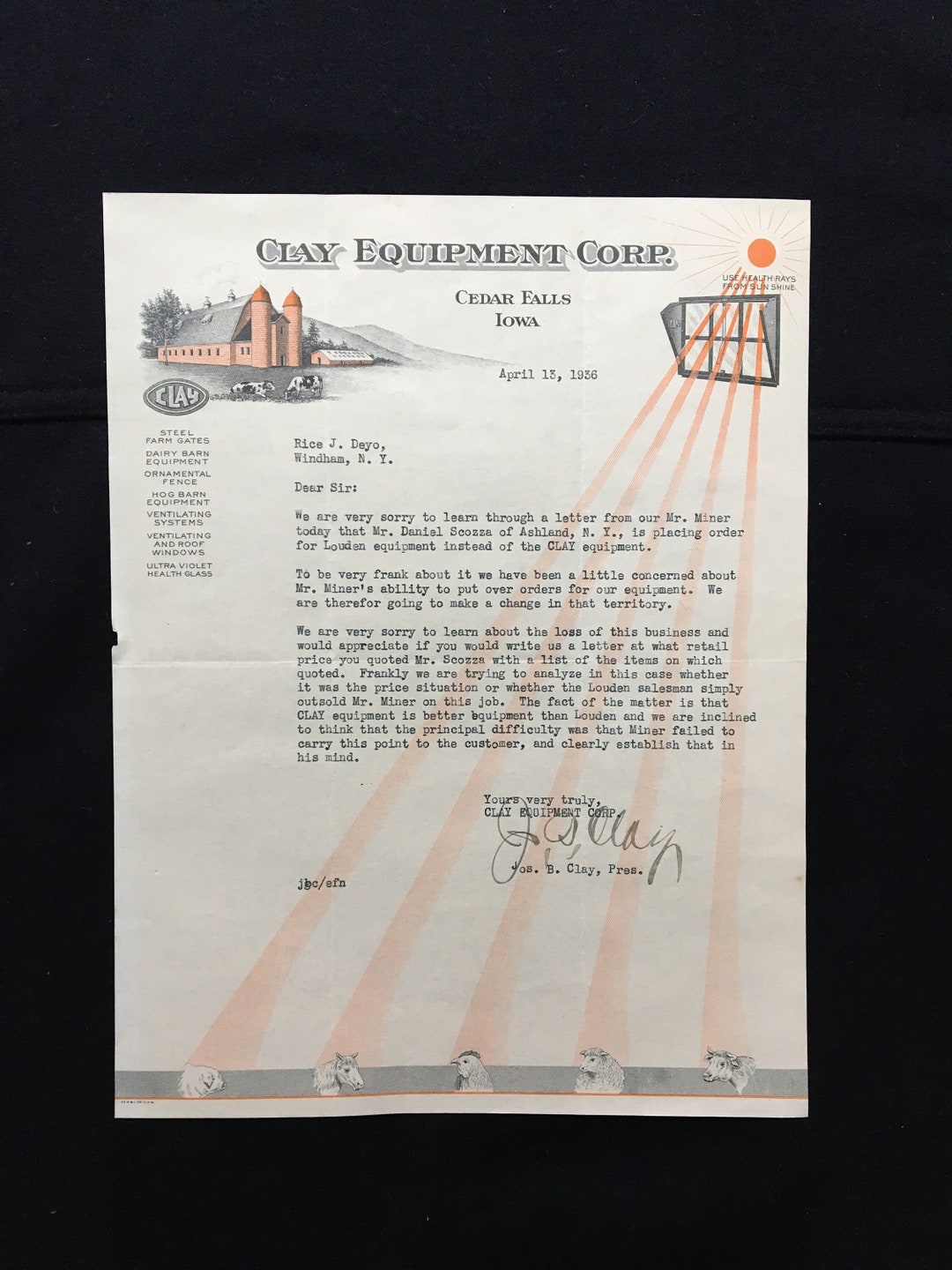 Clay Equipment Corp 1930s Signed Letter Farm Equipment Cedar Falls Iowa