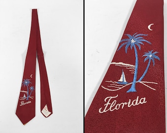 Vintage 40s Florida Necktie Red Silk Blue Palm Trees Souvenir Tie