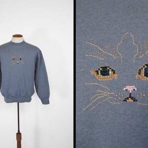 Vintage Cat Needlepoint Sweatshirt 90s Pullover - Medium