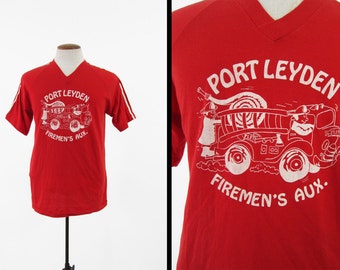 Vintage Port Leyden Fireman T-shirt Red V Neck 1980s Jersey - Size Large