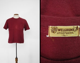 Vintage 50s Welgrume Pocket T-shirt Burgundy Cotton Mesh Vented Arms - Medium / Large