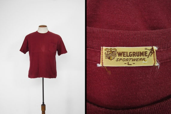 Vintage 50s Welgrume Pocket T-shirt Burgundy Cott… - image 1