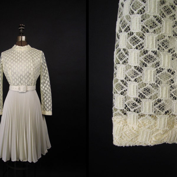 Vintage Crochet Accordion Dress 70s Ivory Lace Maxi Dress - Small