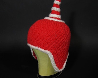 Vintage Elf Knit Hat Red Striped Pointed Top Flap Hat