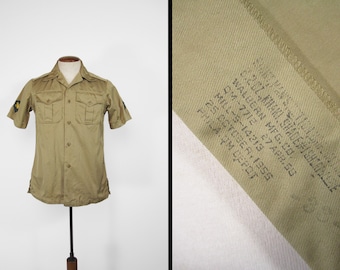 Vintage 50s US Army Shirt Khaki Twill Short Sleeve 1955 - Size Small