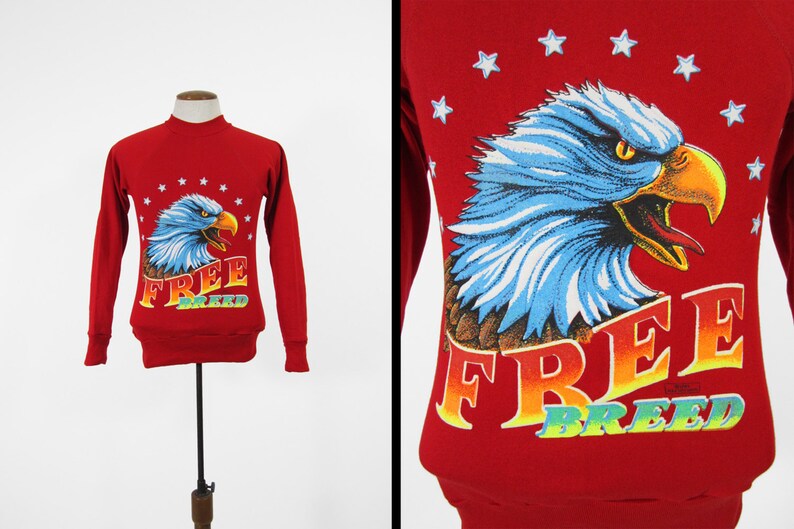 Vintage Biker Bald Eagle Sweatshirt Red Pullover Free Breed Made in USA Small
