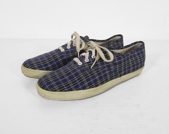 Vintage Blue Plaid Keds Sneakers 70s Low Top Canvas - Women's Size 8