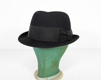 Vintage 50s Black Fedora Cravenette Durafelt - Size 7 1/4
