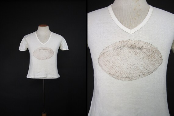 Vintage 50s Football T-shirt V Neck White Sports T