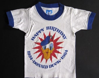 Vintage Donald Duck T-shirt Kids 1984 Birthday Ringer - Youth Small