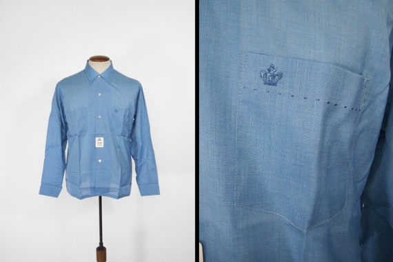Vintage 60s Blue Rayon Shirt Long Sleeve NOS Button up