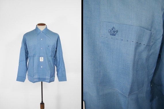 Vintage 60s Blue Rayon Shirt Long Sleeve NOS Butt… - image 1