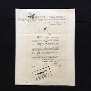 H Wenzel Tent & Duck Co Carta 1938 Publicidad Membrete