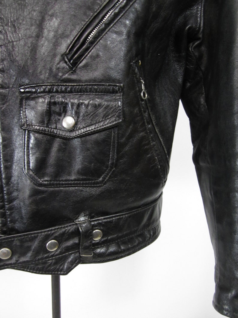 Vintage Leather Motorcycle Jacket 70s Belted Biker Black | Etsy