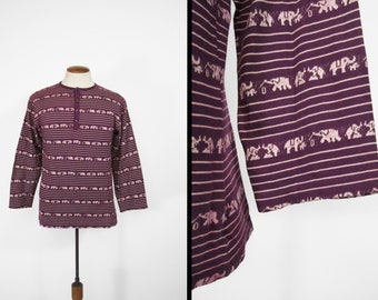 Vintage 60s Elephant Knit Henley Shirt Pullover Cotton - Medium