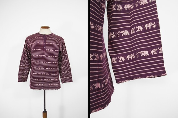 Vintage 60s Elephant Knit Henley Shirt Pullover C… - image 1