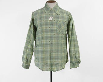 Camisa verde vintage de los años 70 con botones, manga larga, cuadros geométricos, talla grande