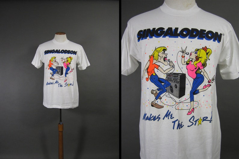 Vintage 80s Karaoke T-shirt Singalodeon NOS White Tee Made in USA Size Large image 1