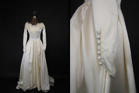 Vintage 40s Wedding Dress Beaded Satin Silk Long S