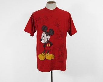 Vintage 90er Jahre Micky Maus T-Shirt Disney Rot Made in USA - Large XL