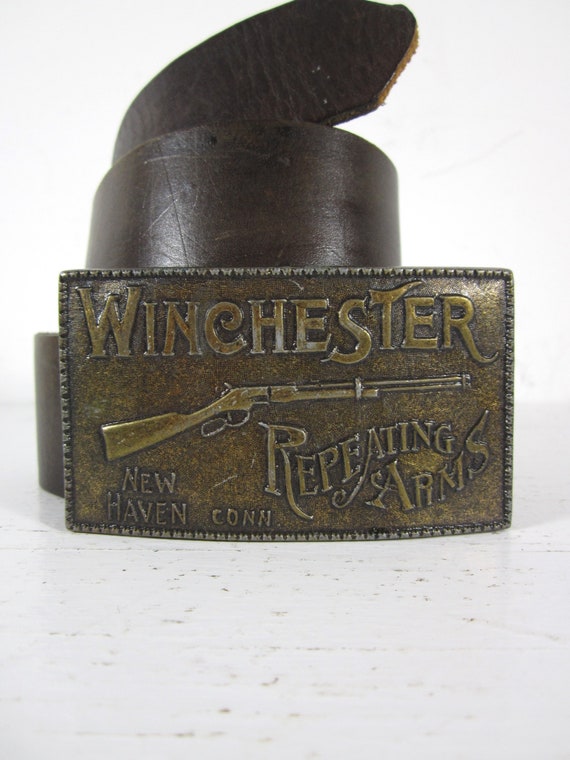 Vintage Winchester Belt Buckle Leather Brown Cowhide Western Etsy