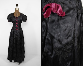 Vintage 50s Black Dress Puffy Short Sleeve with Elastic Waist - Size Medium