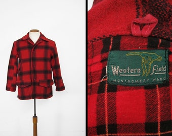 Vintage Montgomery Ward Hunting Coat Red Wool Plaid Mackinaw Western Field - Size Medium